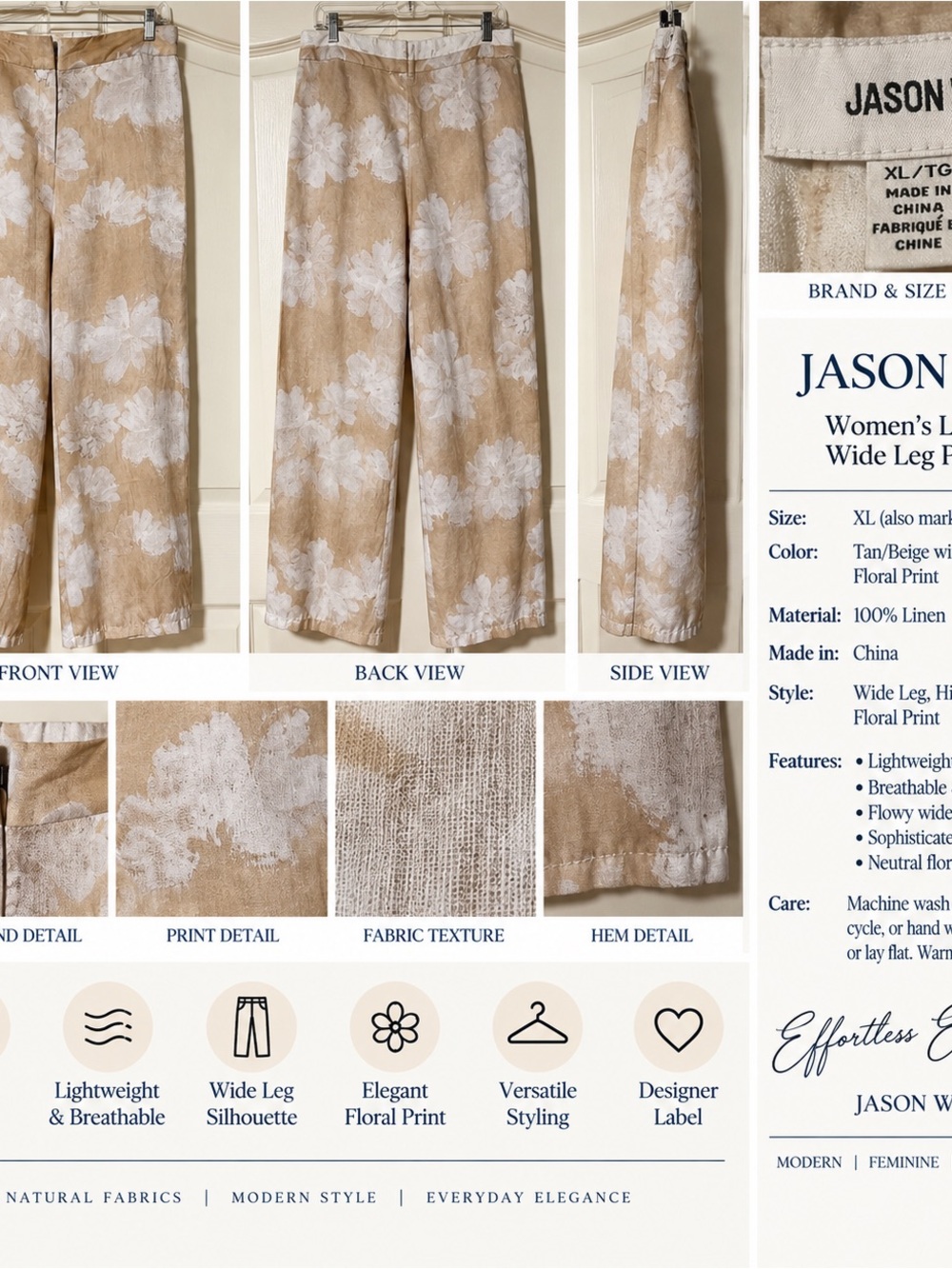 Jason Wu Beige Floral Wide-Leg Linen Pants